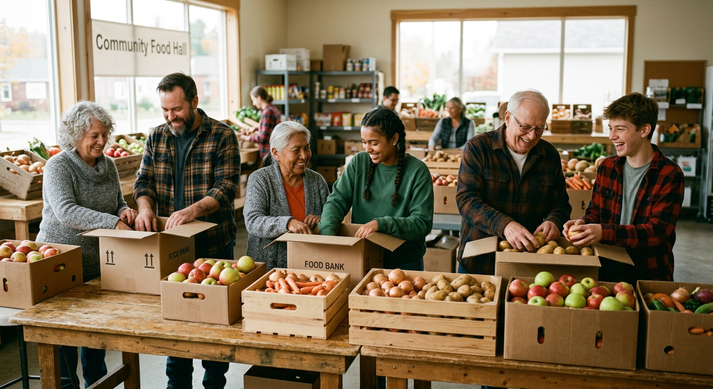 Volunteers packing boxes of fresh produce at a community food hall
