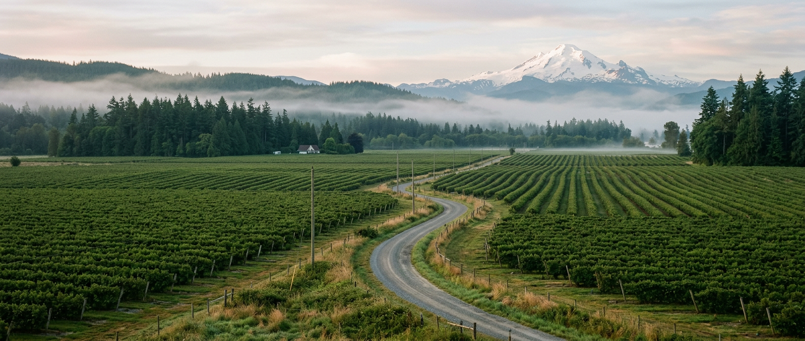Morning mist over farm fields in the Fraser Valley with Mount Baker in the distance